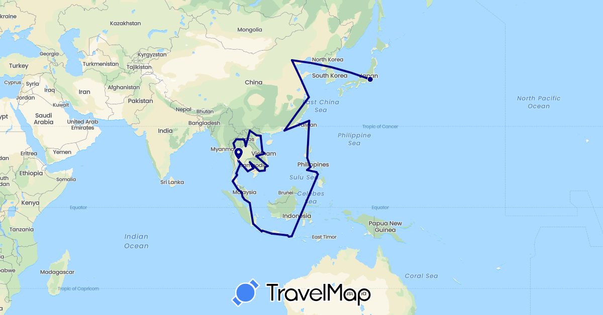 TravelMap itinerary: driving in China, Indonesia, Japan, Cambodia, Laos, Malaysia, Philippines, Singapore, Thailand, Taiwan, Vietnam (Asia)