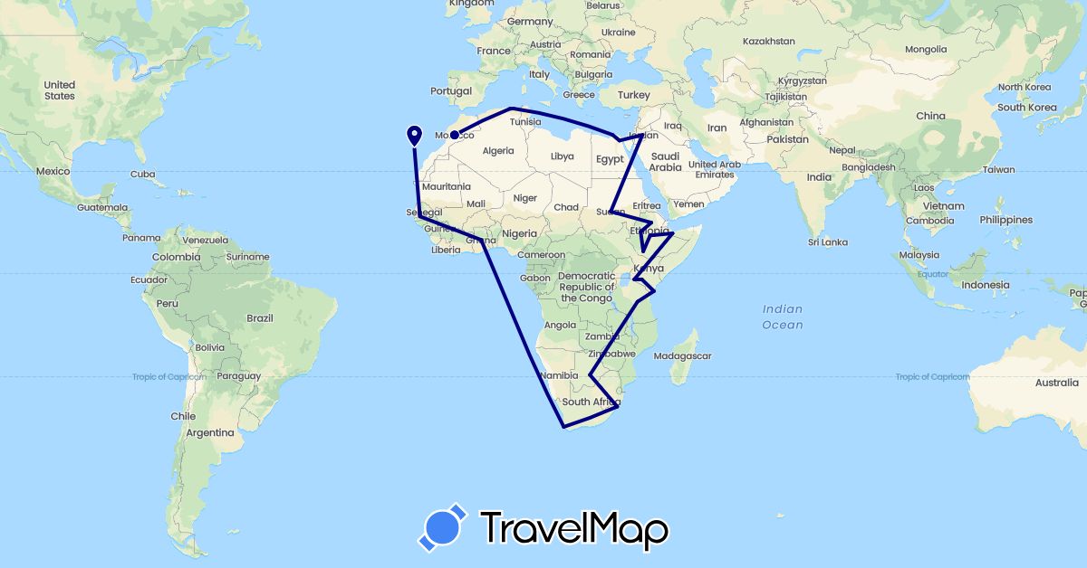 TravelMap itinerary: driving in Botswana, Algeria, Egypt, Spain, Ethiopia, Ghana, Gambia, Jordan, Kenya, Morocco, Sudan, Somalia, Tanzania, South Africa (Africa, Asia, Europe)